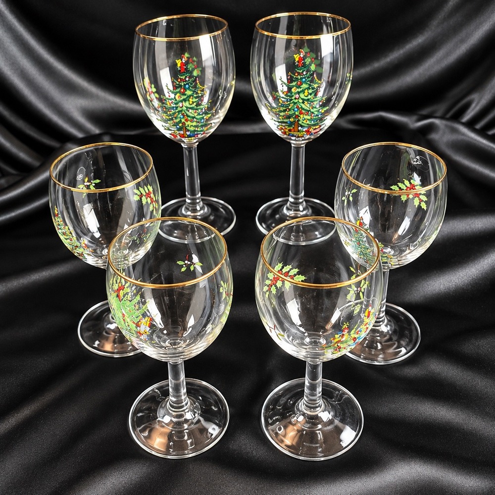 Spode Christmas Tree Wine Glasses Gold Trim Set of 6 Holiday Stemware 7.25in